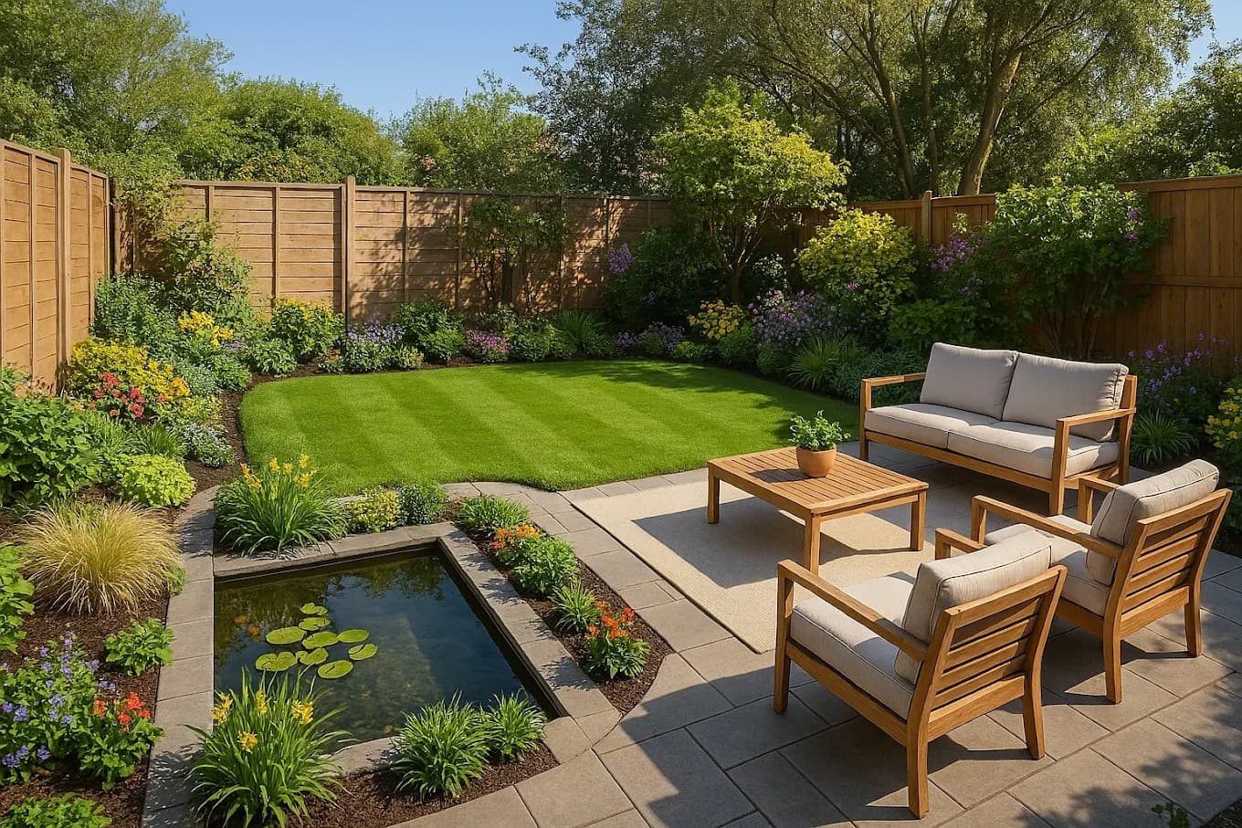 Beautifully landscaped garden with lush planting, manicured lawn, and modern outdoor seating area designed for luxury outdoor living.